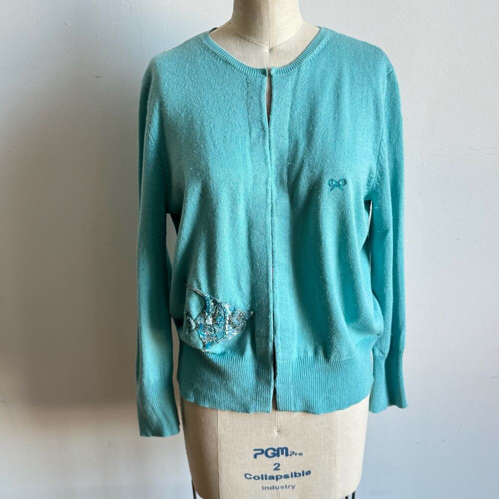 Vintage ANYA HINDMARCH  Blue Silk-Cashmere Embellished Cardigan